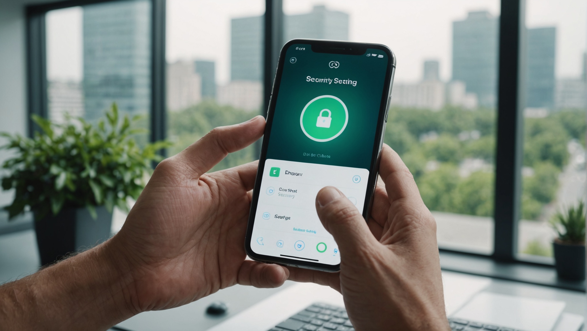 Руки человека держат смартфон с экраном настроек безопасности на фоне окна офиса.