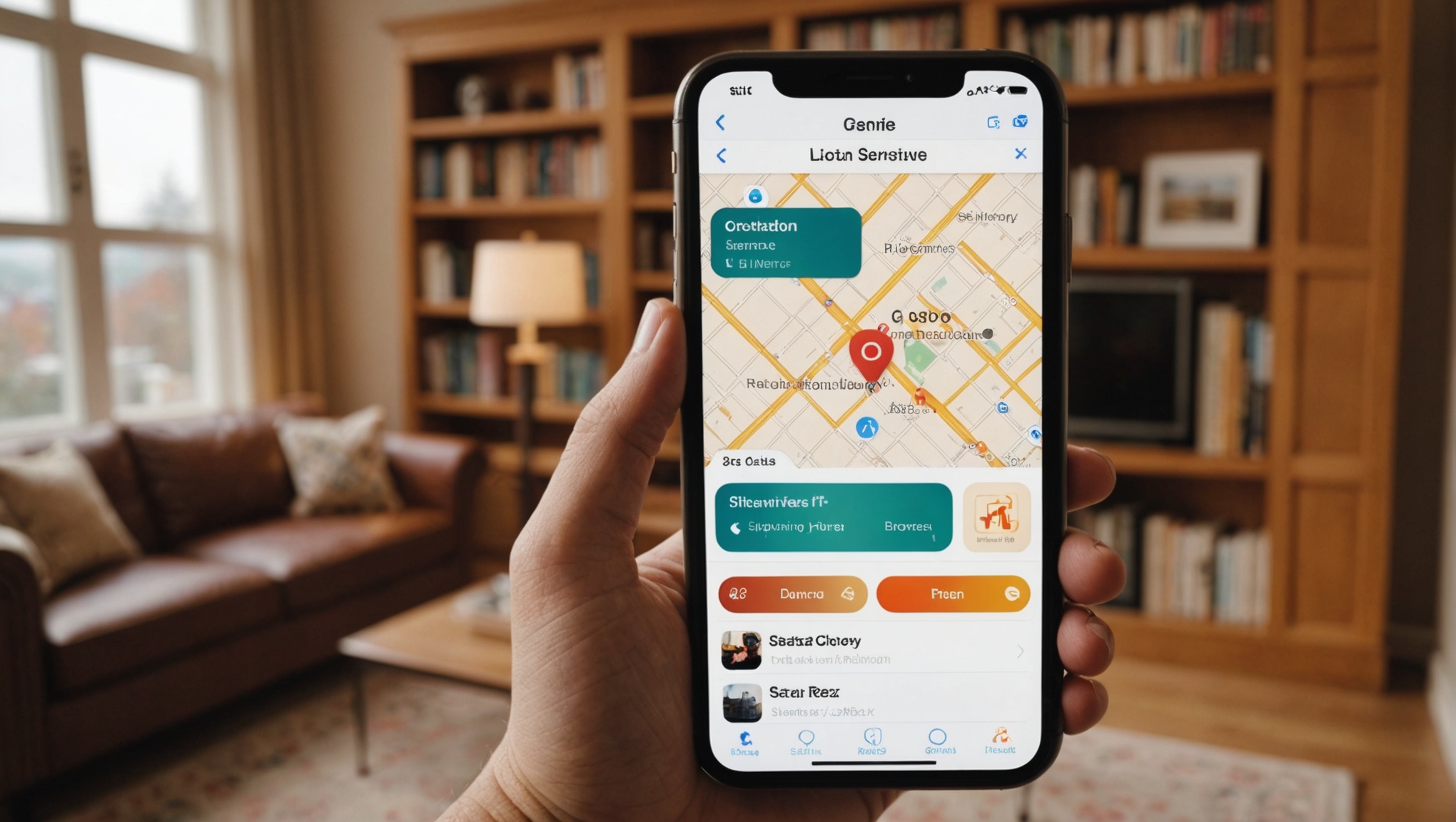Рука держит смартфон с открытым приложением карты в уютной гостиной с большим окном.
