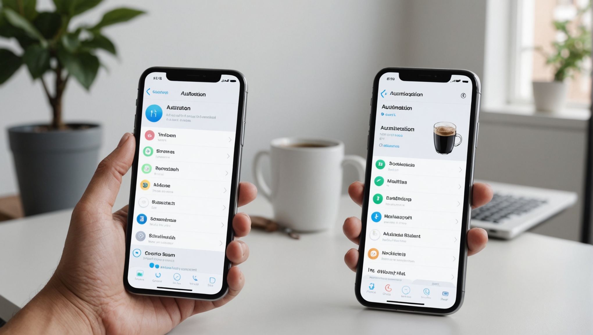 Две руки держат смартфоны с открытыми приложениями на фоне стола с кофейной чашкой.