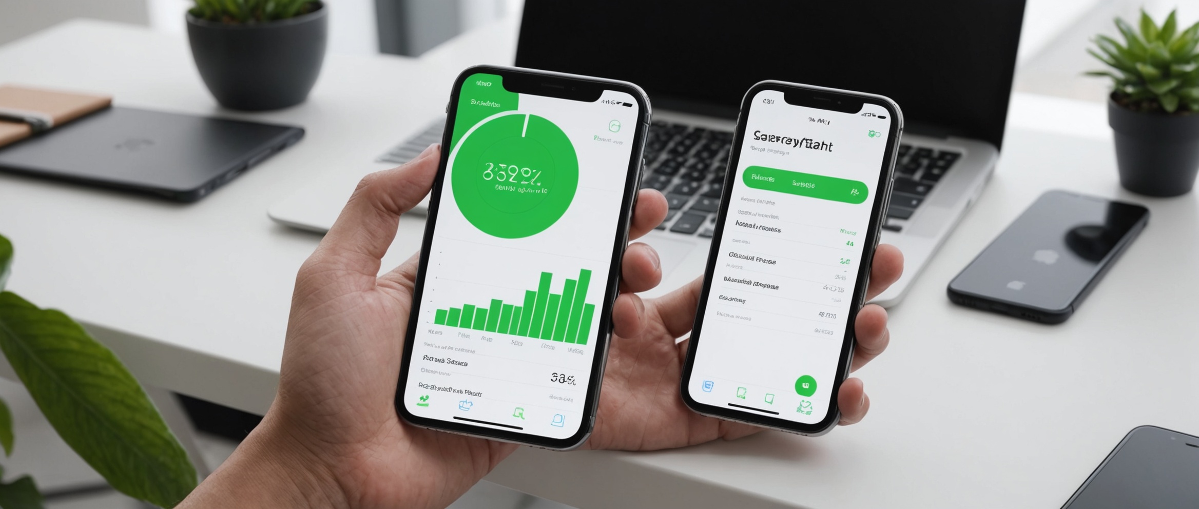 Две руки держат смартфоны с графиками финансового приложения на экранах на фоне рабочего стола.