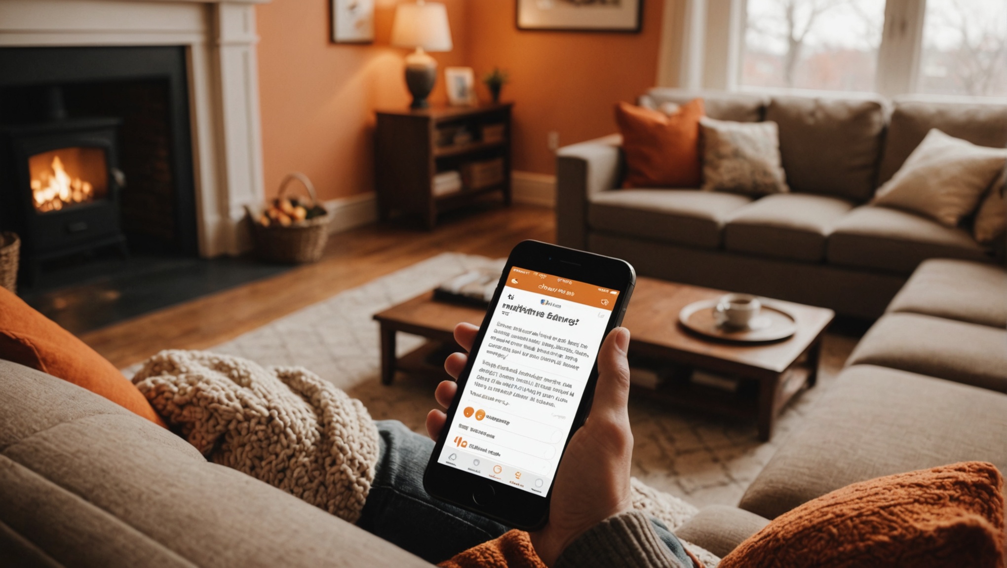 Человек читает новости на мобильном телефоне в уютной гостиной с камином.