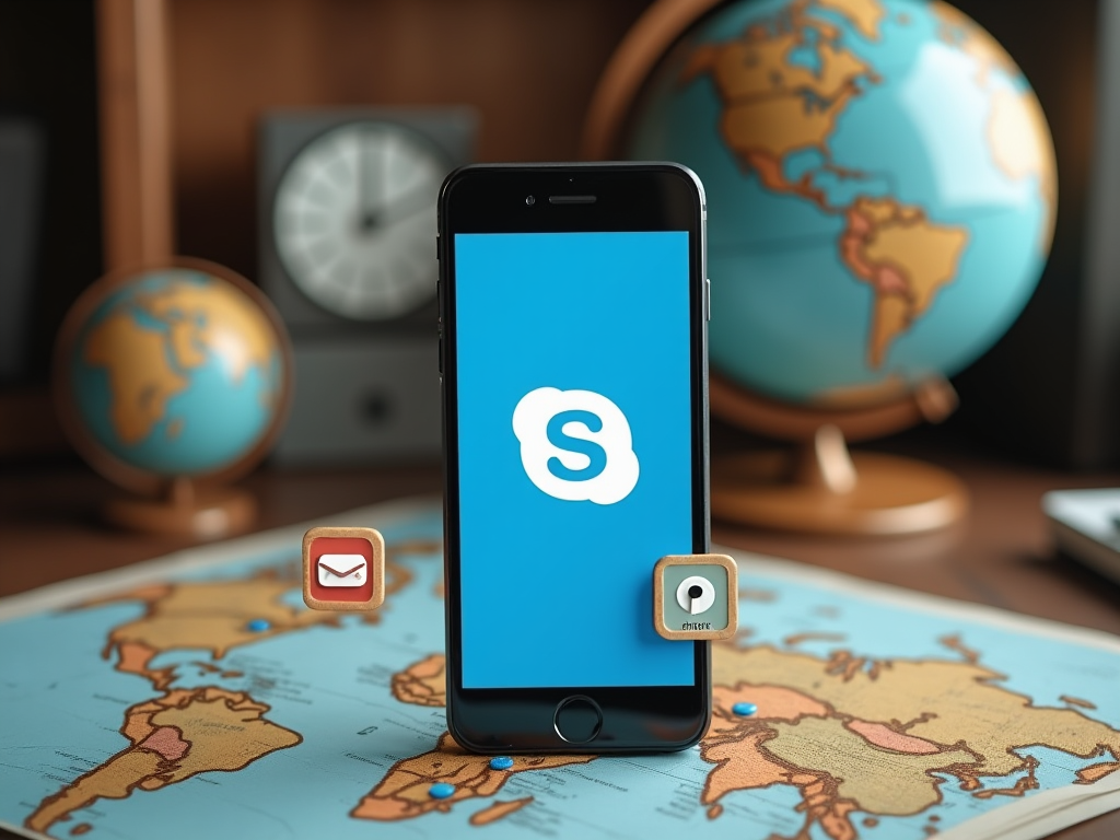 Смартфон на карте мира, на экране логотип Skype, рядом глобус и часы.