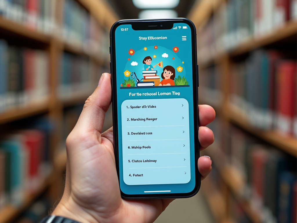 Рука держит смартфон с образовательным приложением в библиотеке.