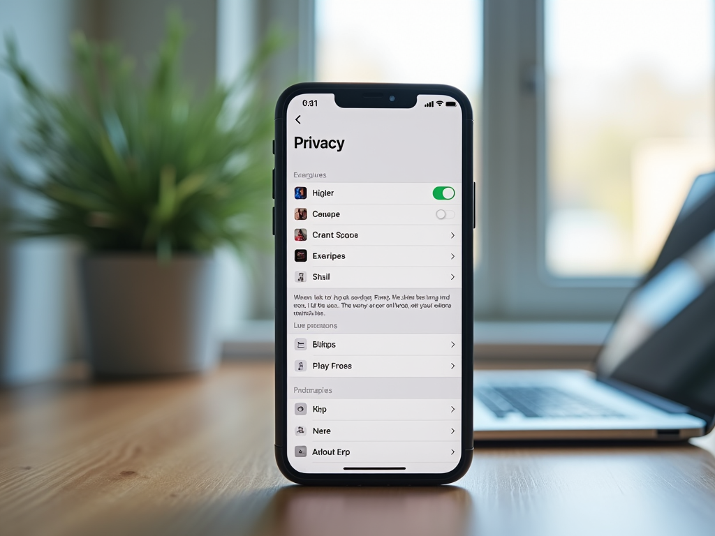 Смартфон на столе с открытым экраном настроек приватности.