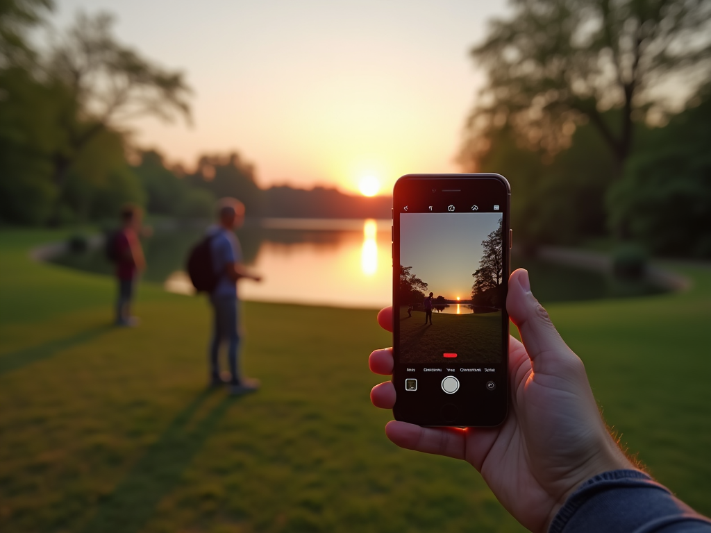 Рука держит смартфон, фотографирующий закат на озере с двумя людьми в парке.